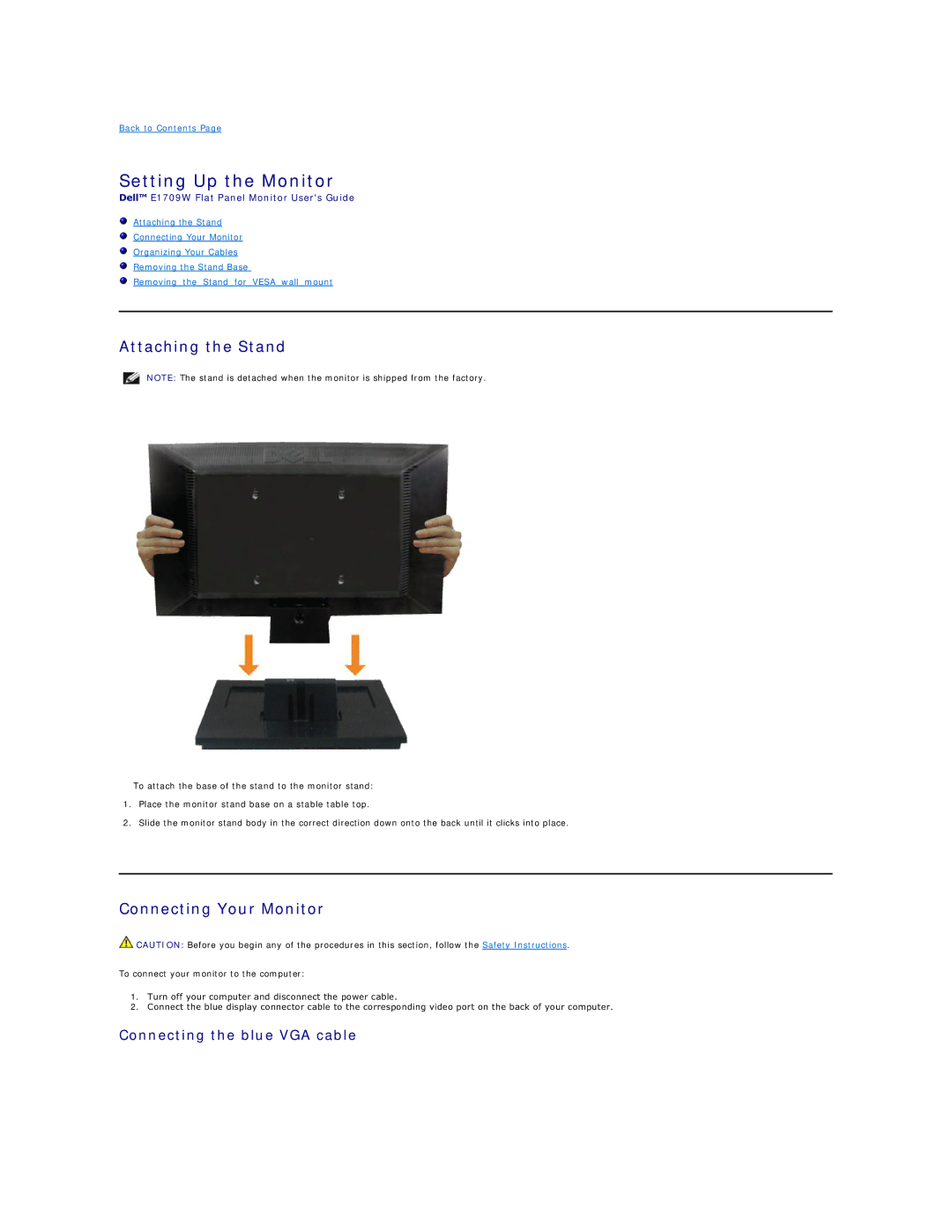 Dell E1709WC Setting Up the Monitor, Attaching the Stand, Connecting Your Monitor, Connecting the blue VGA cable 