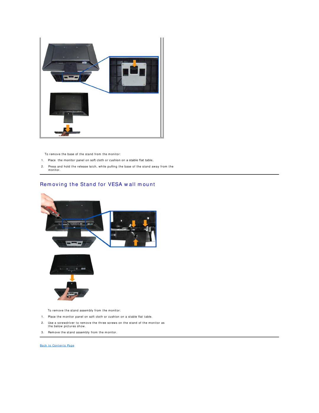 Dell E1709WC appendix Removing the Stand for Vesa wall mount 