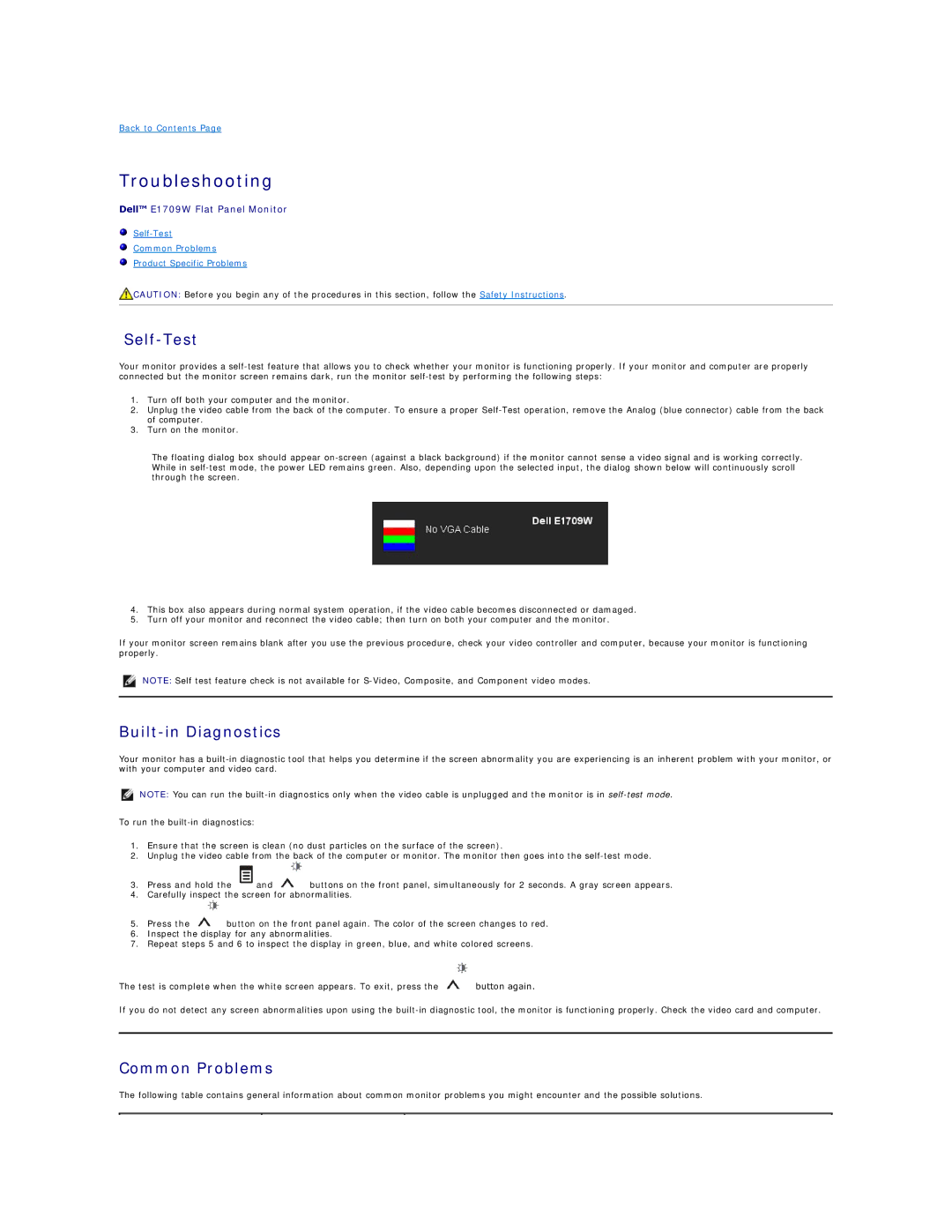 Dell E1709WC appendix Troubleshooting, Self-Test, Built-in Diagnostics, Common Problems 