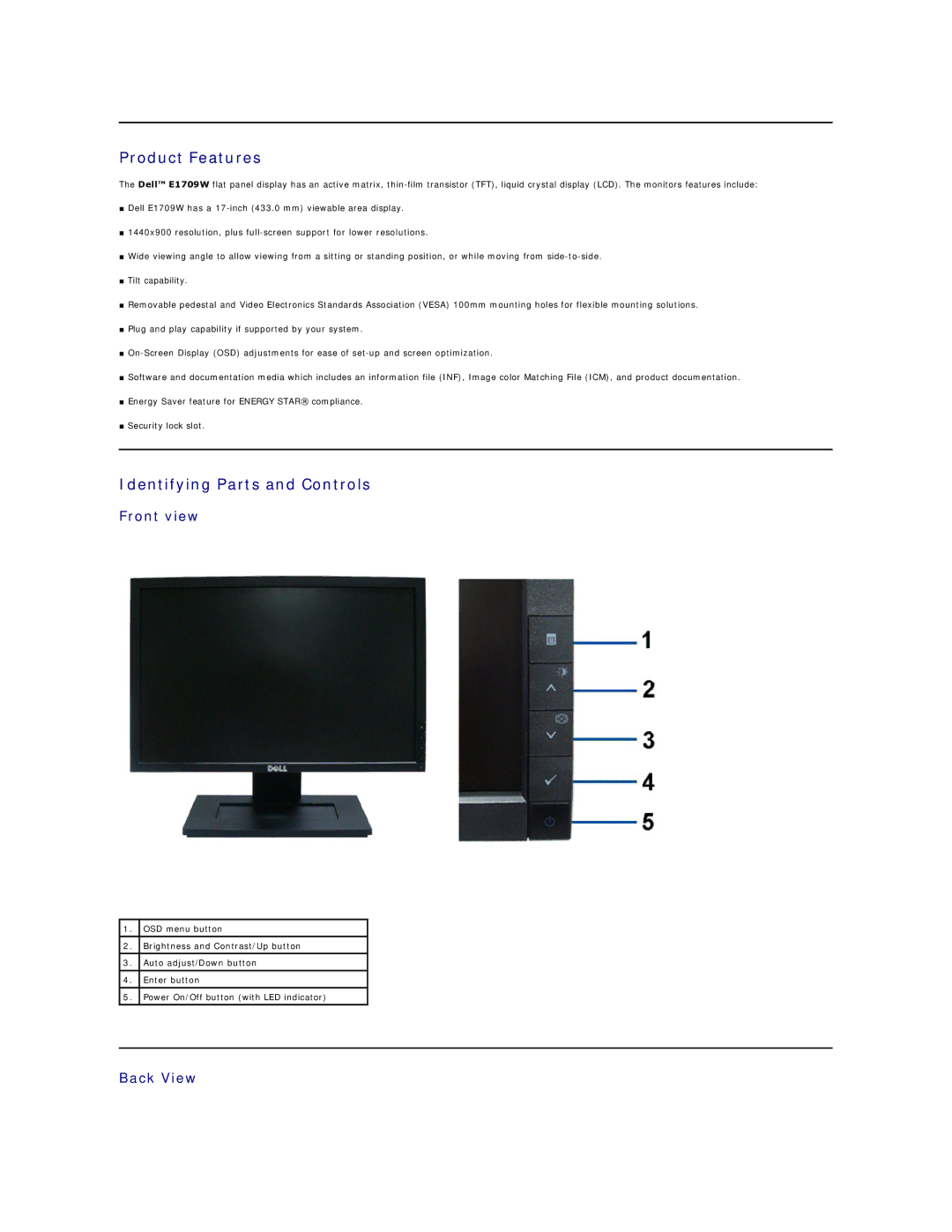 Dell E1709WC appendix Product Features, Identifying Parts and Controls, Front view, Back View 