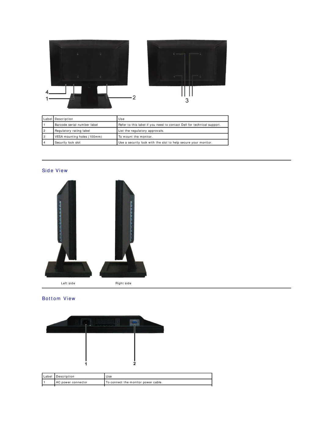 Dell E1709WC appendix Side View, Bottom View, Label Description Use, Left side Right side 