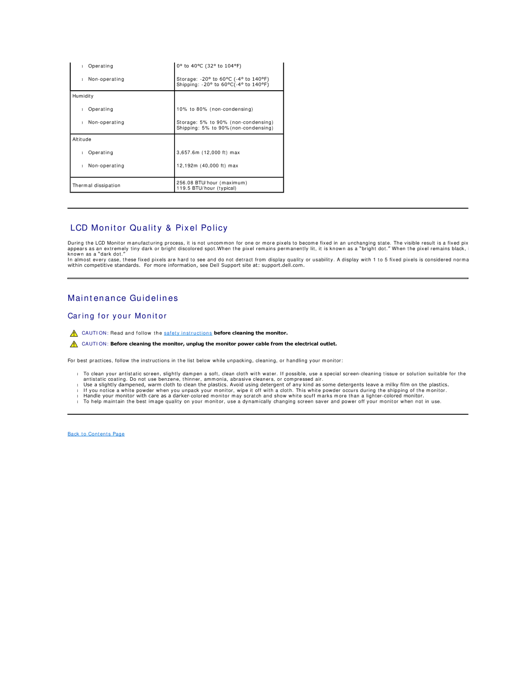 Dell E1709WC appendix LCD Monitor Quality & Pixel Policy, Maintenance Guidelines, Caring for your Monitor 