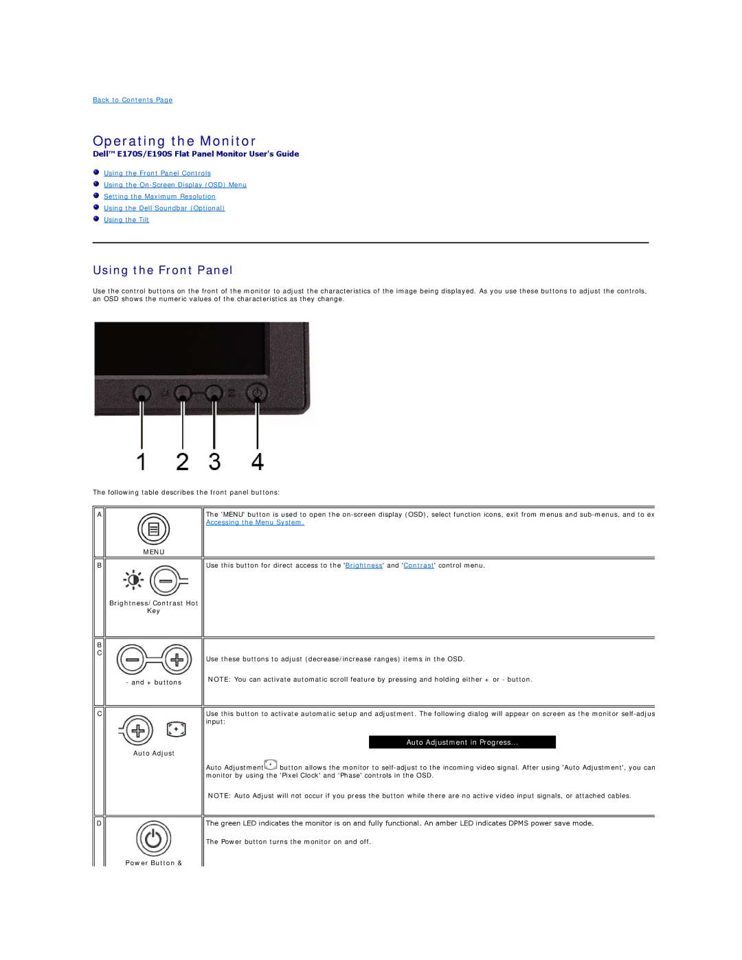 Dell E190SB Operating the Monitor, Using the Front Panel, Brightness/Contrast Hot Key + buttons, Auto Adjust, Power Button 