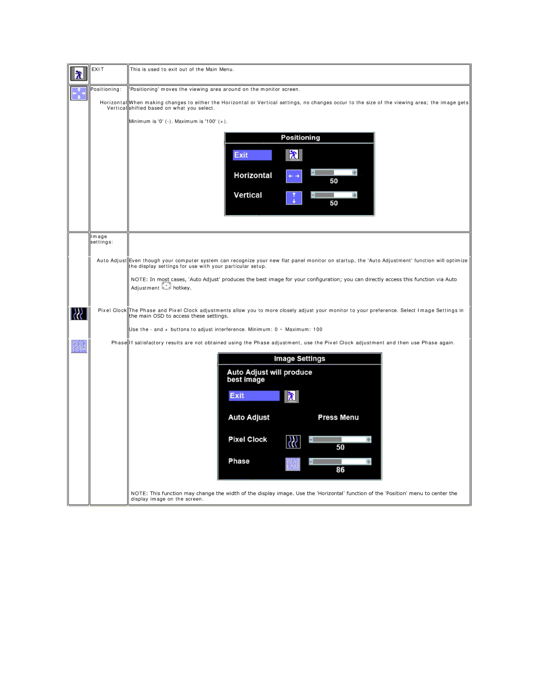 Dell E190SF, E170S, E190SB appendix This is used to exit out of the Main Menu, Image settings 