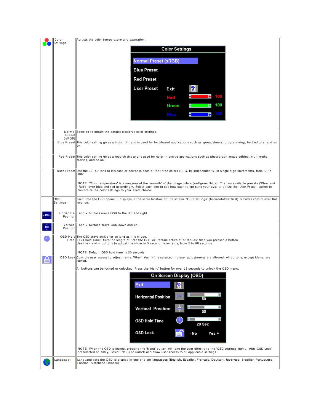 Dell E170S, E190SB, E190SF appendix Color Settings, Preset sRGB, Settings Location, Position, Language 