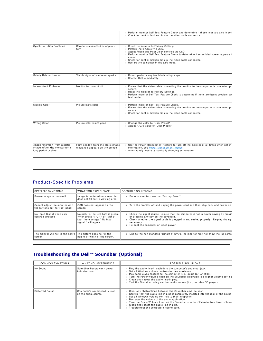 Dell E170S, E190SB, E190SF appendix Product-Specific Problems, Troubleshooting the Dell Soundbar Optional 