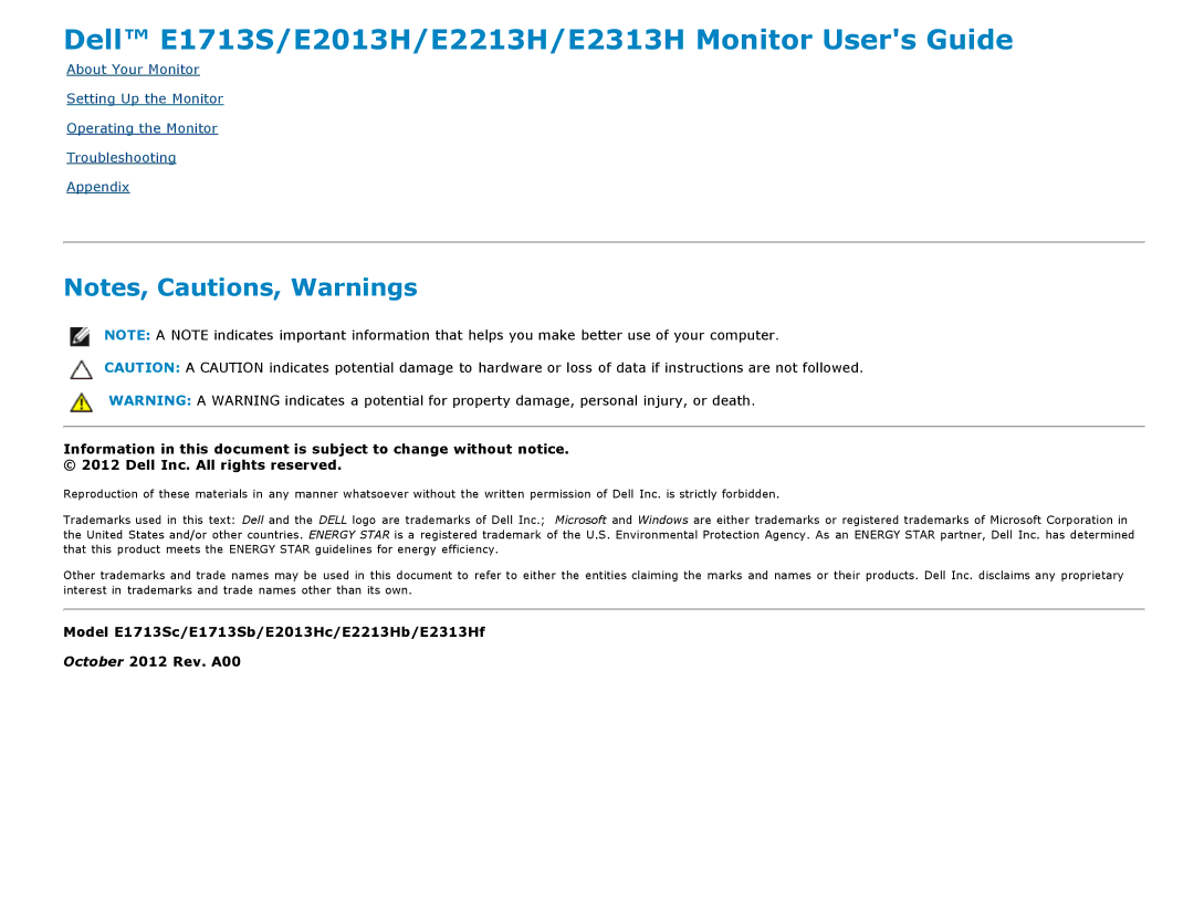 Dell manual Dell E1713S/E2013H/E2213H/E2313H Monitor Users Guide 