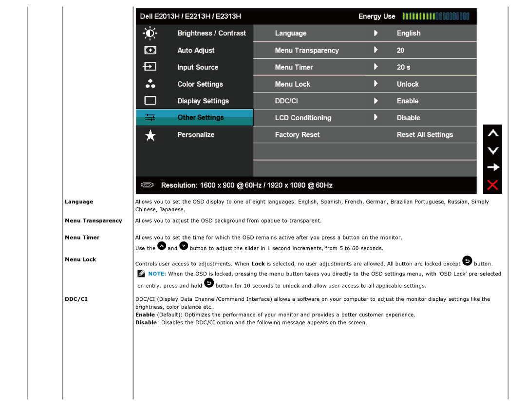 Dell E2013H, E1713S, E2313H, E2213H manual Language Menu Transparency Menu Timer Menu Lock, Ddc/Ci 