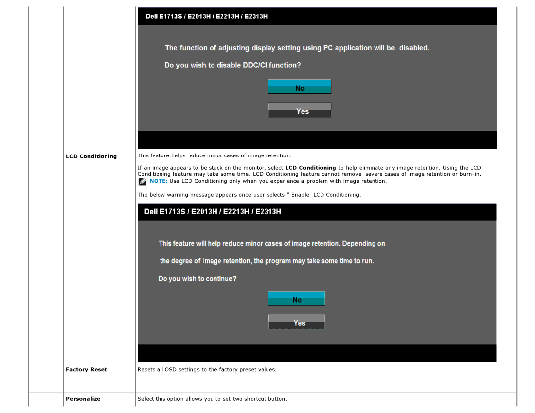Dell E1713S, E2313H, E2213H, E2013H manual LCD Conditioning, Factory Reset, Personalize 
