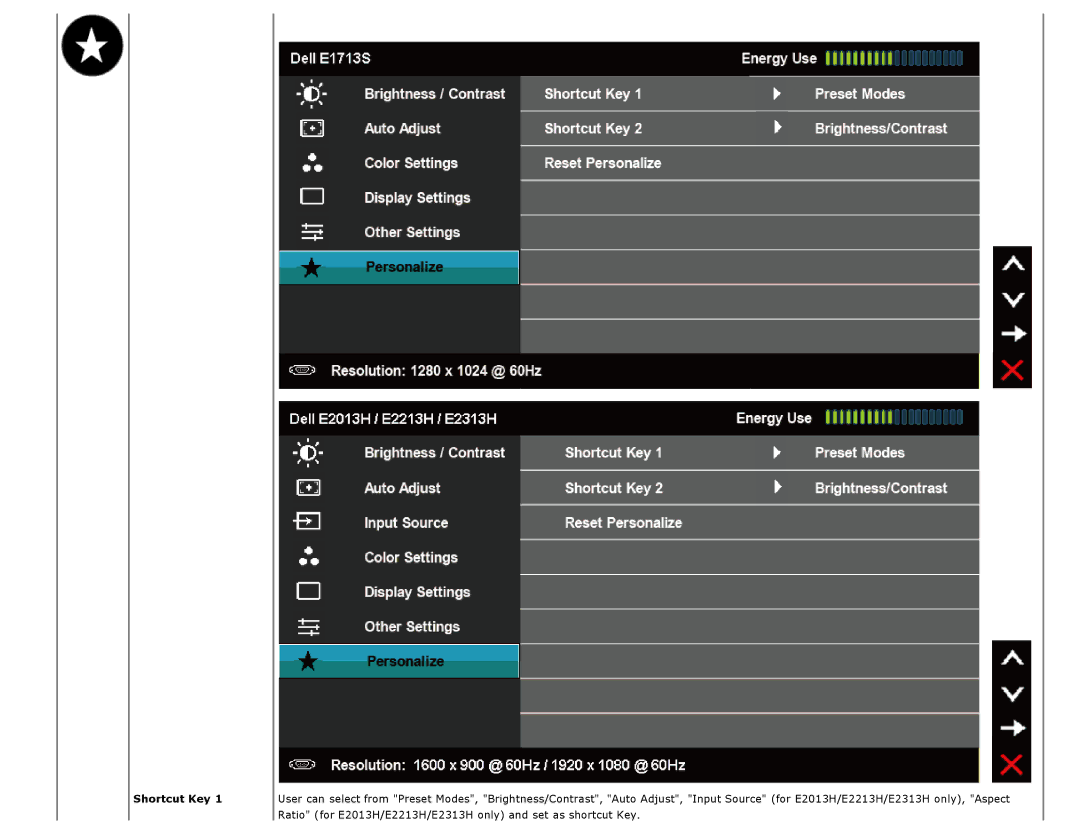 Dell E2313H, E1713S, E2213H, E2013H manual Shortcut Key 