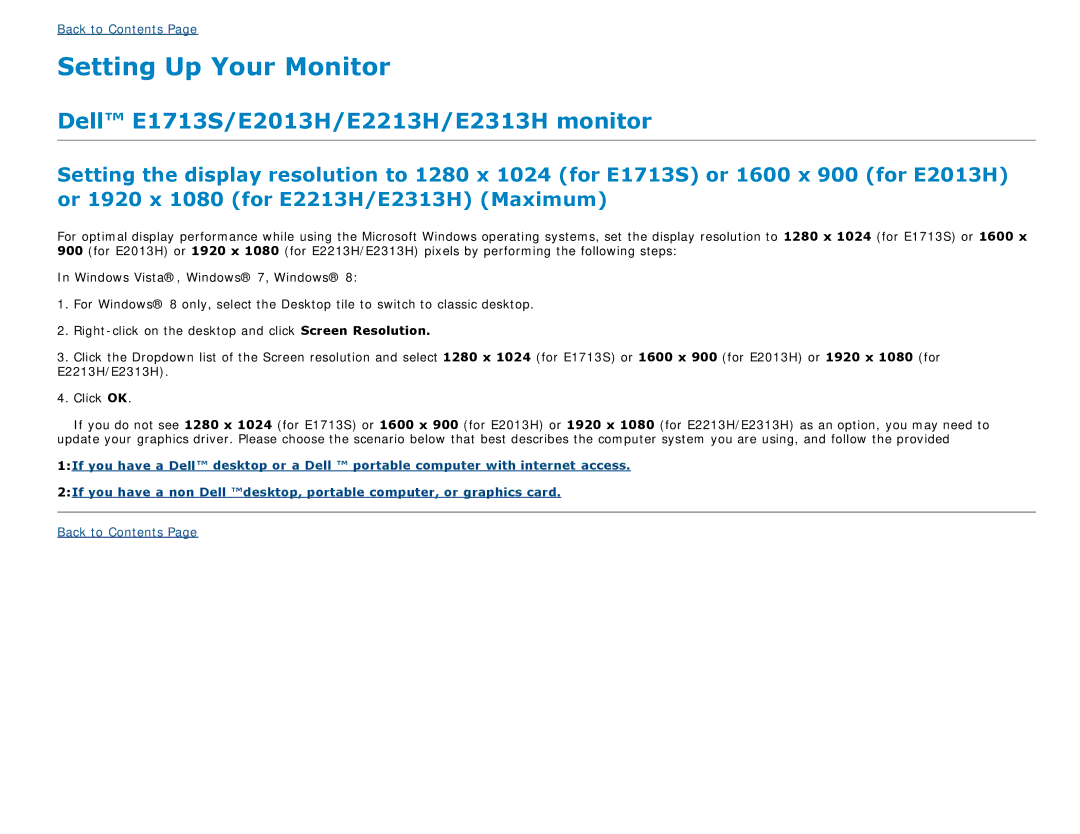 Dell E2313H, E1713S, E2213H, E2013H manual Setting Up Your Monitor 