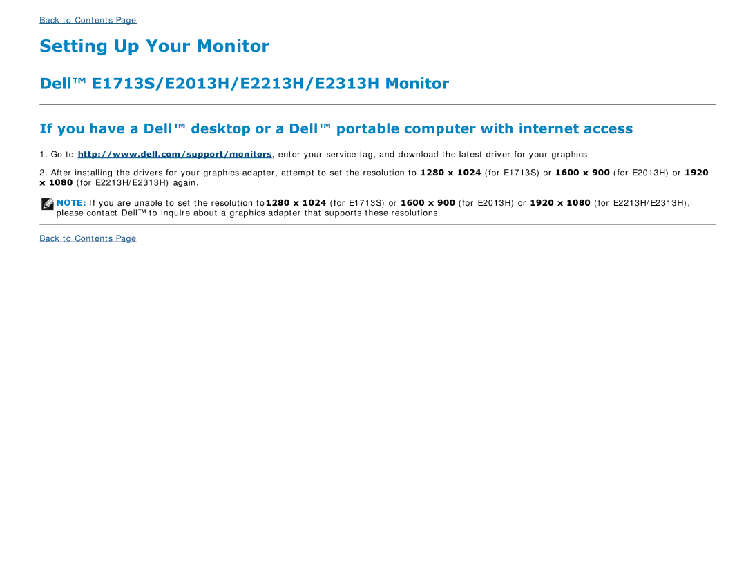 Dell E2213H, E1713S, E2313H, E2013H manual Setting Up Your Monitor 