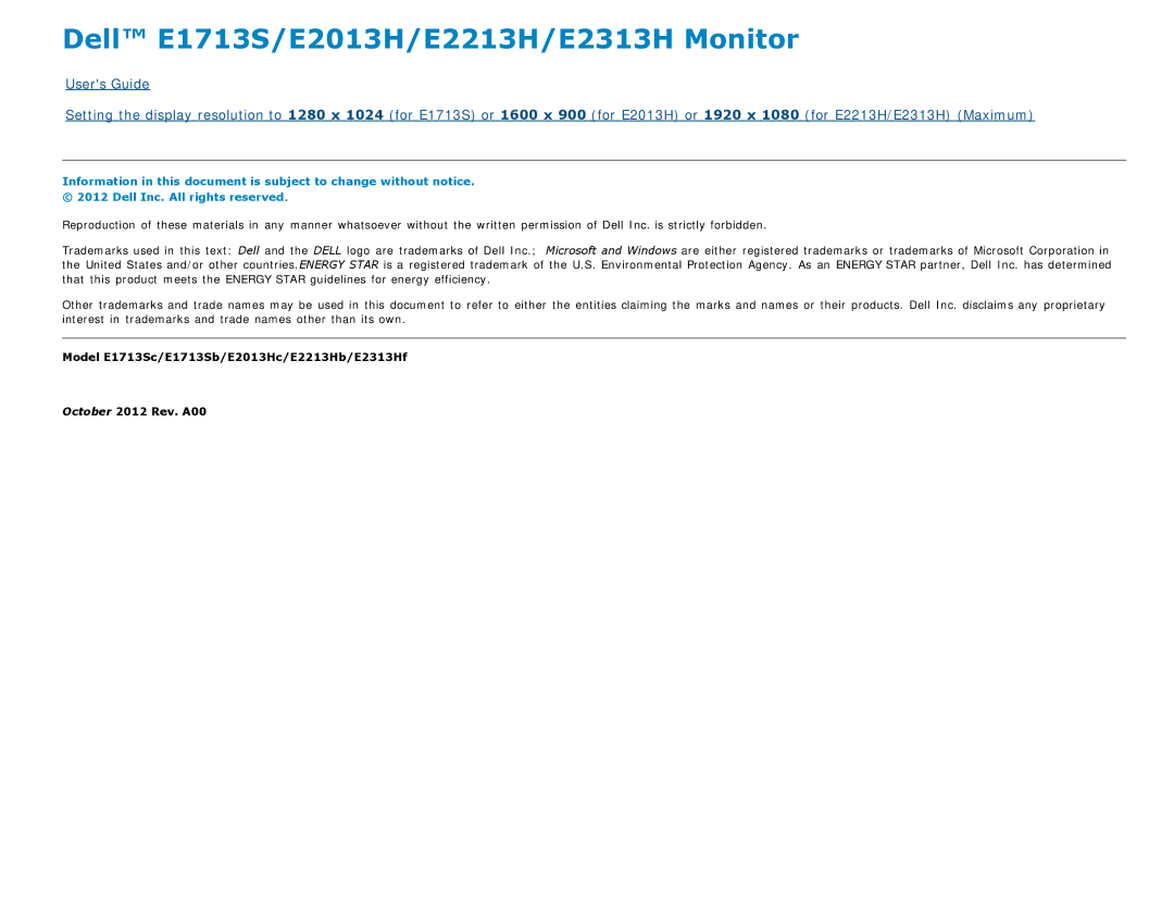Dell manual Dell E1713S/E2013H/E2213H/E2313H Monitor 