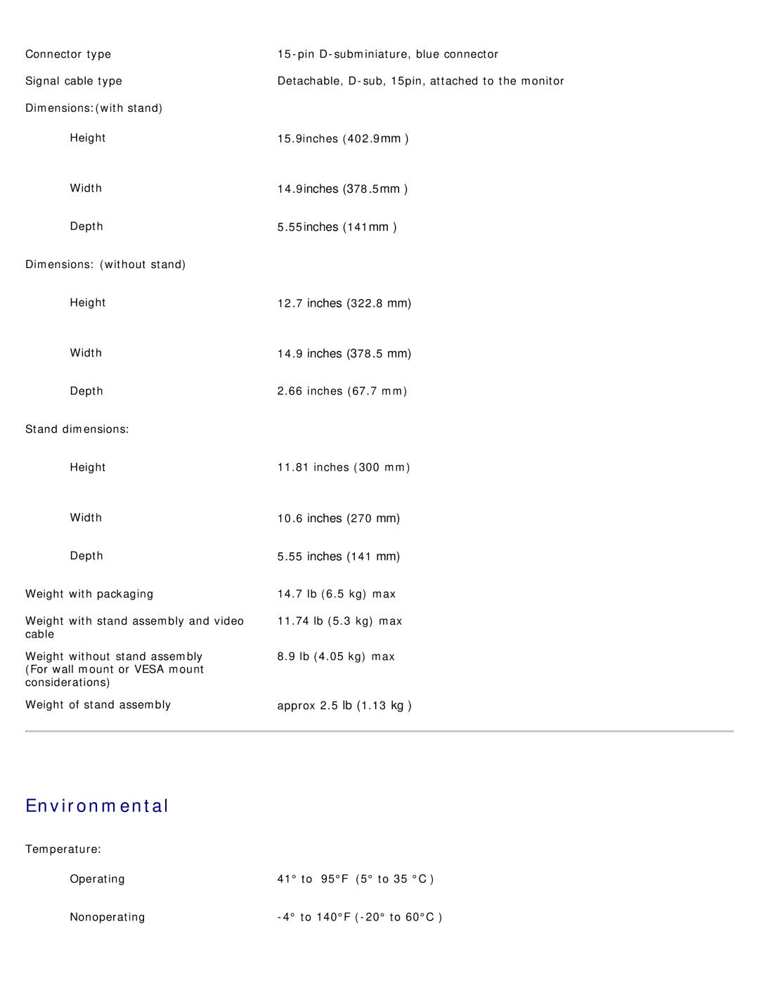 Dell E173FP specifications Environmental, Inches 141 mm 