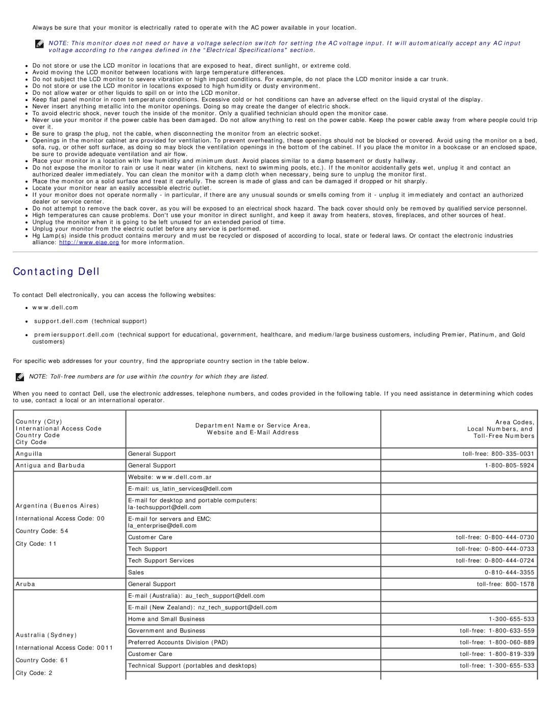 Dell E173FP specifications Contacting Dell, Aruba Australia Sydney 