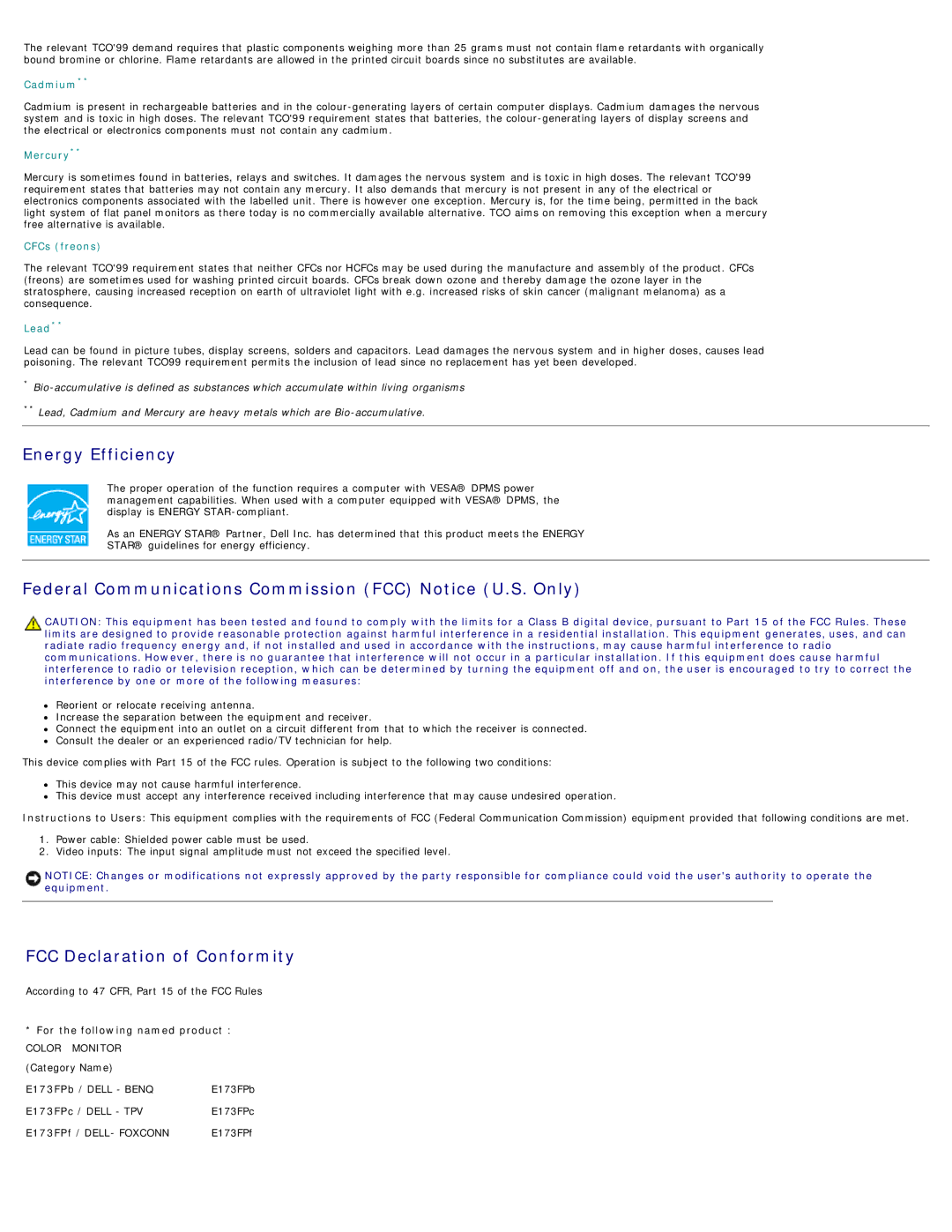 Dell E173FP specifications Cadmium, For the following named product 