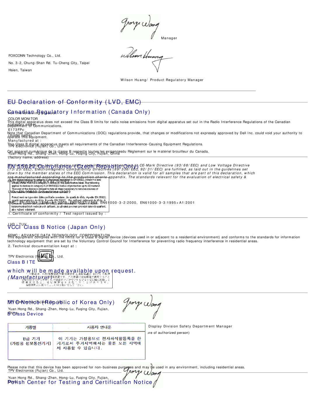 Dell E173FP specifications EU Declaration of Conformity LVD, EMC, Class B ITE, BChinaClass Device 