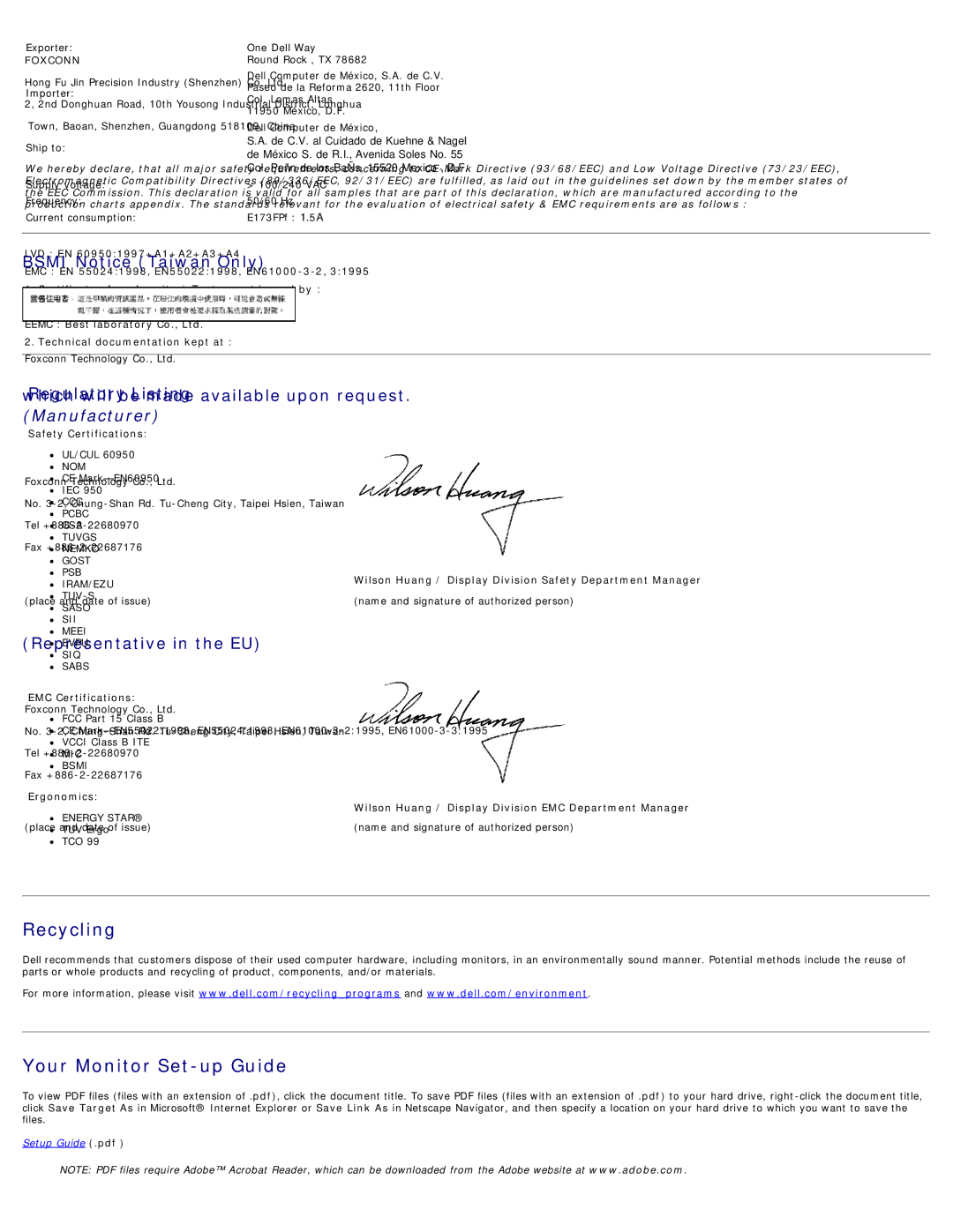 Dell E173FP specifications Recycling, Your Monitor Set-up Guide 