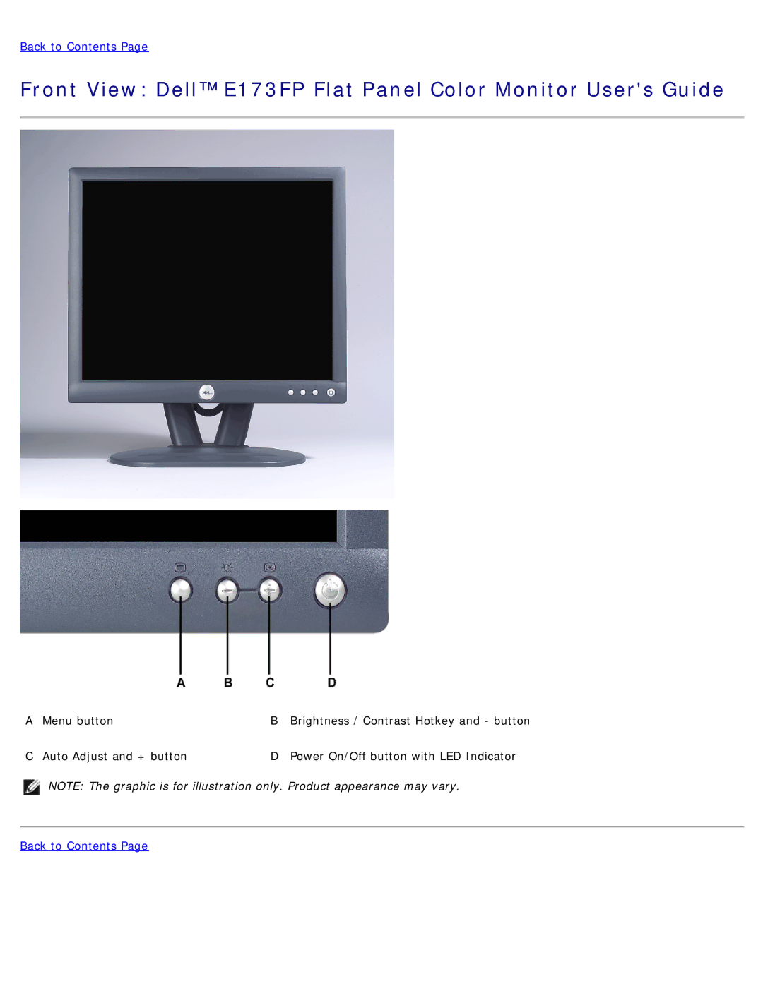 Dell specifications Front View Dell E173FP Flat Panel Color Monitor Users Guide 