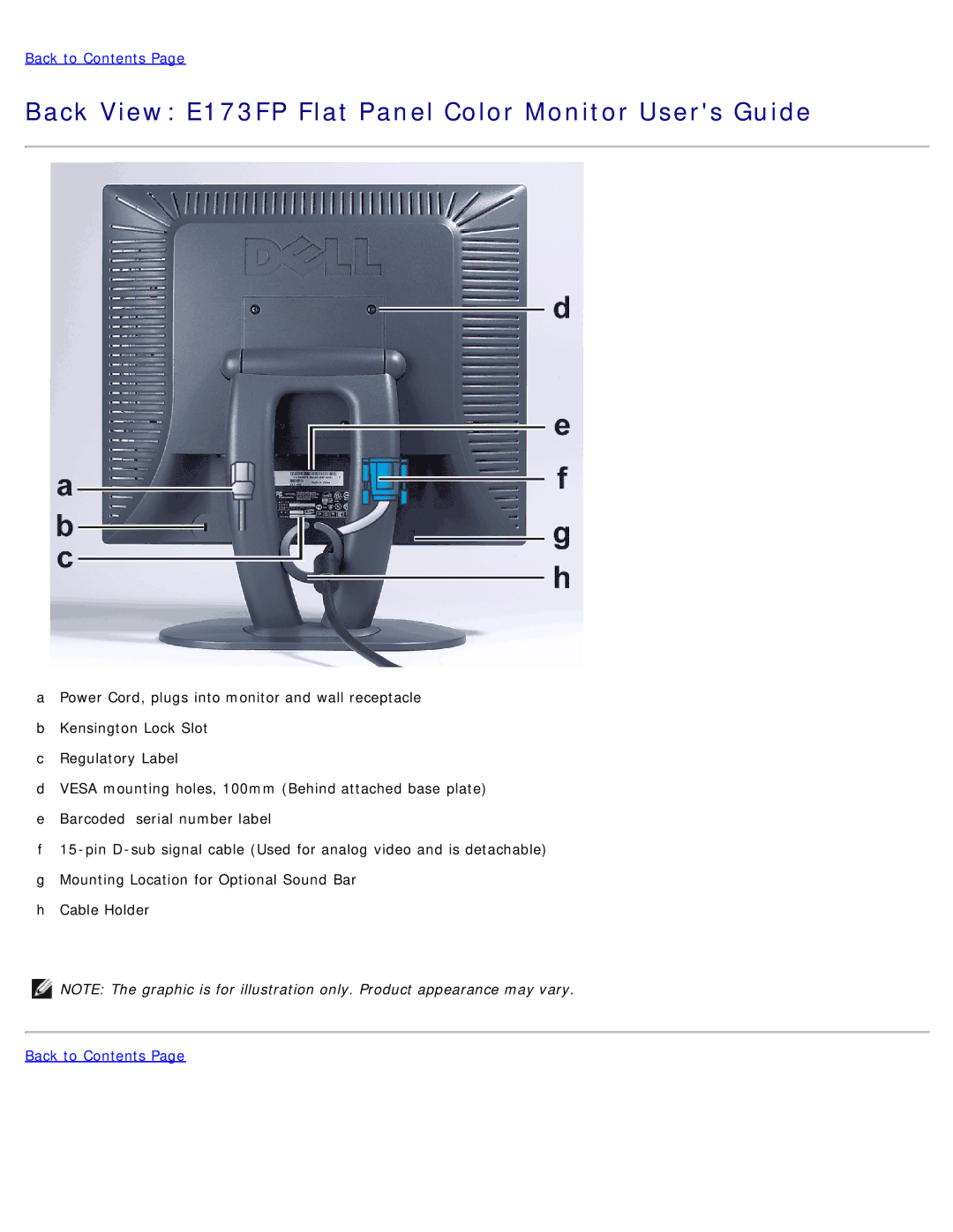 Dell specifications Back View E173FP Flat Panel Color Monitor Users Guide 