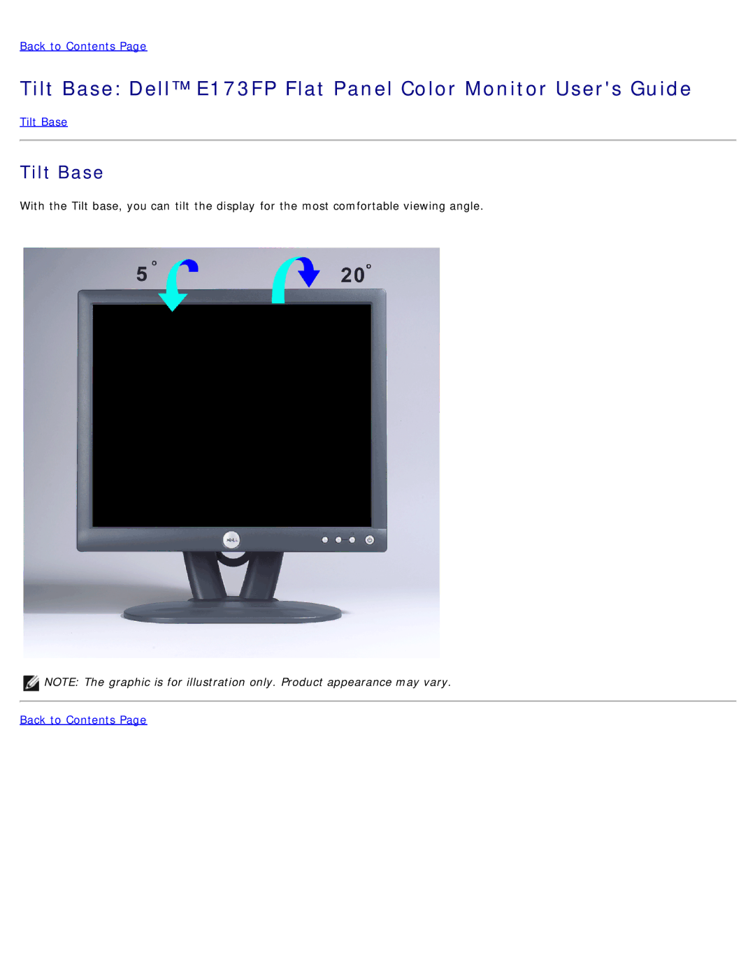 Dell specifications Tilt Base Dell E173FP Flat Panel Color Monitor Users Guide 