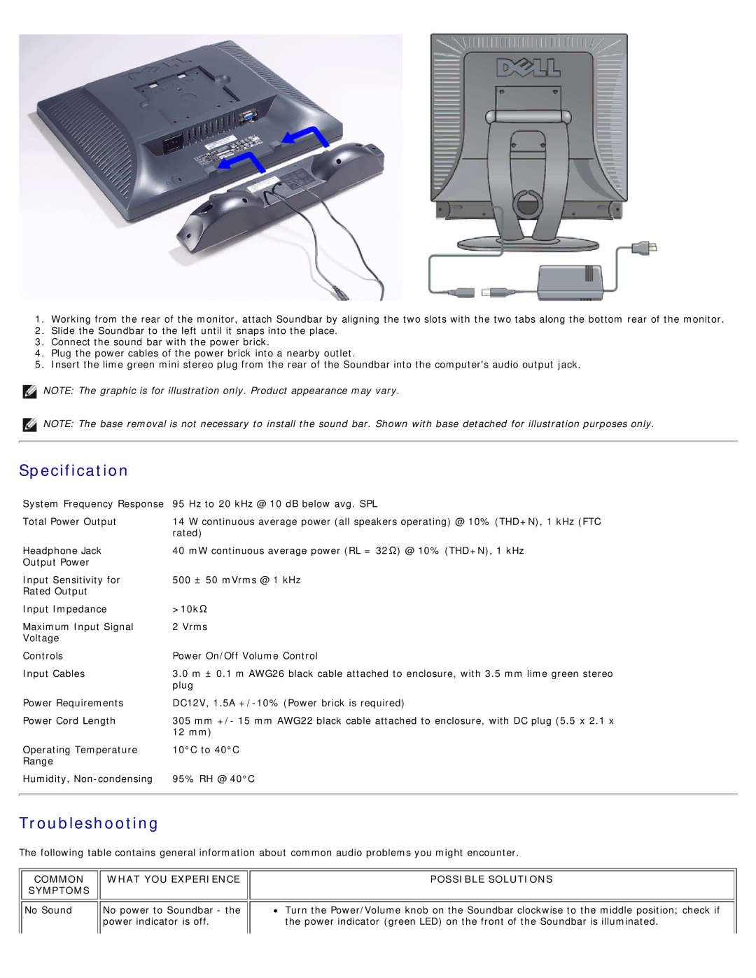 Dell E173FP specifications Specification 