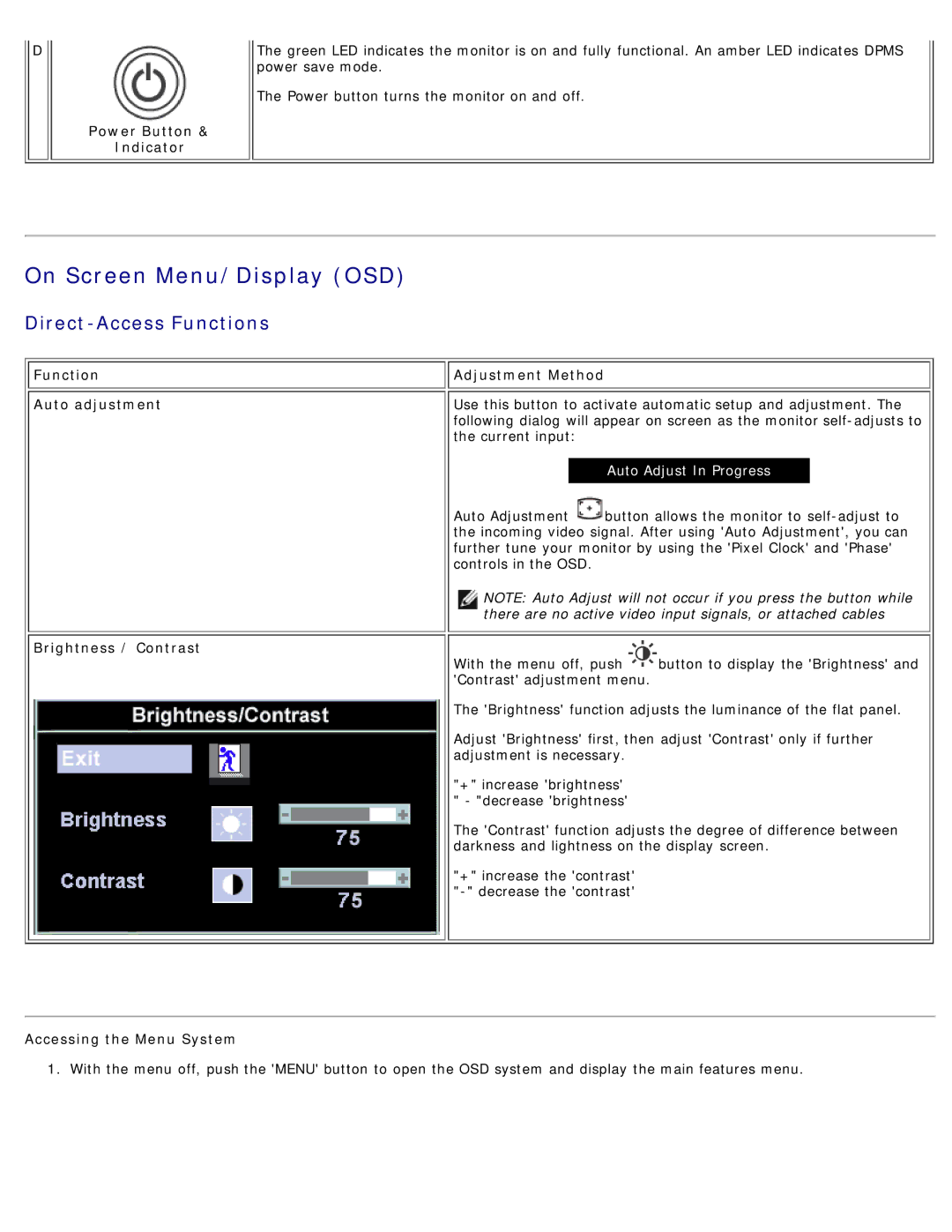 Dell E173FP specifications On Screen Menu/Display OSD, Power Button Indicator 