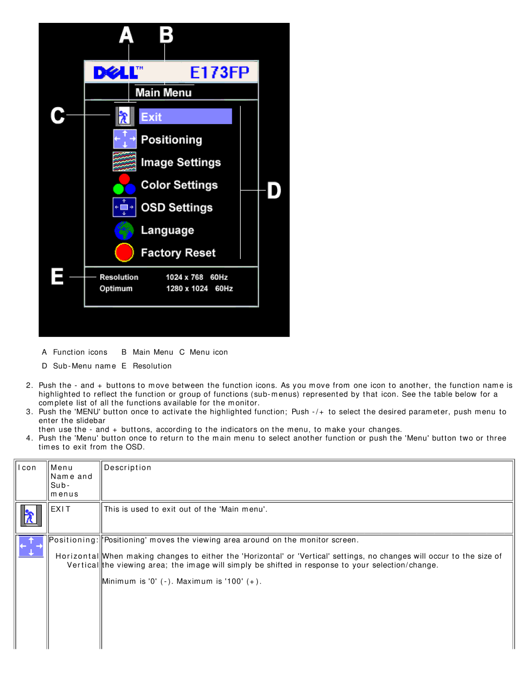 Dell E173FP specifications Exit 