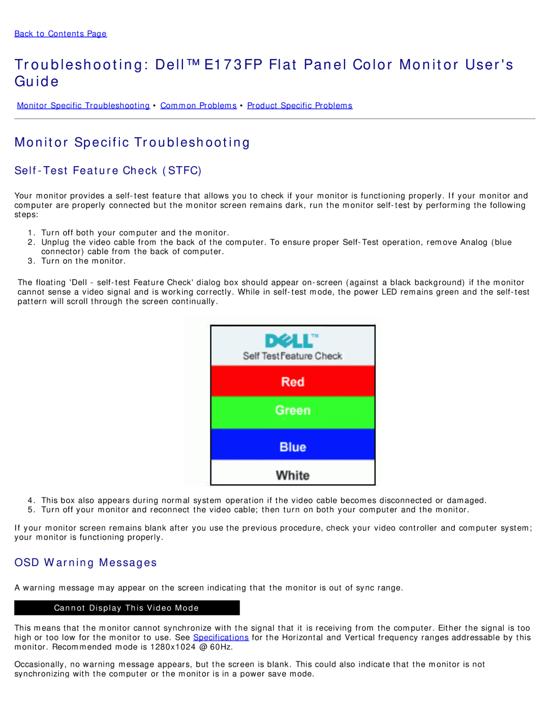 Dell E173FP specifications Monitor Specific Troubleshooting, Self-Test Feature Check Stfc 