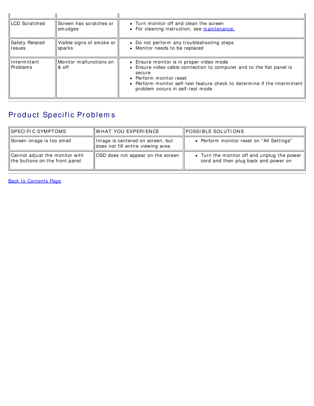 Dell E173FP specifications Product Specific Problems, Specific Symptoms What YOU Experience Possible Solutions 