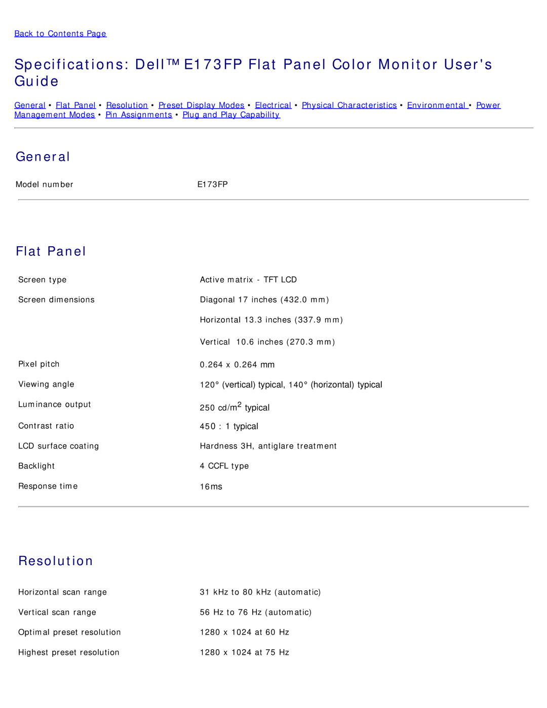 Dell E173FP specifications General, Flat Panel, Resolution 