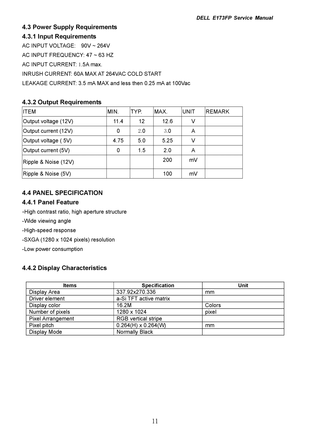 Dell E173FP service manual Power Supply Requirements 4.3.1 Input Requirements, Output Requirements, Display Characteristics 