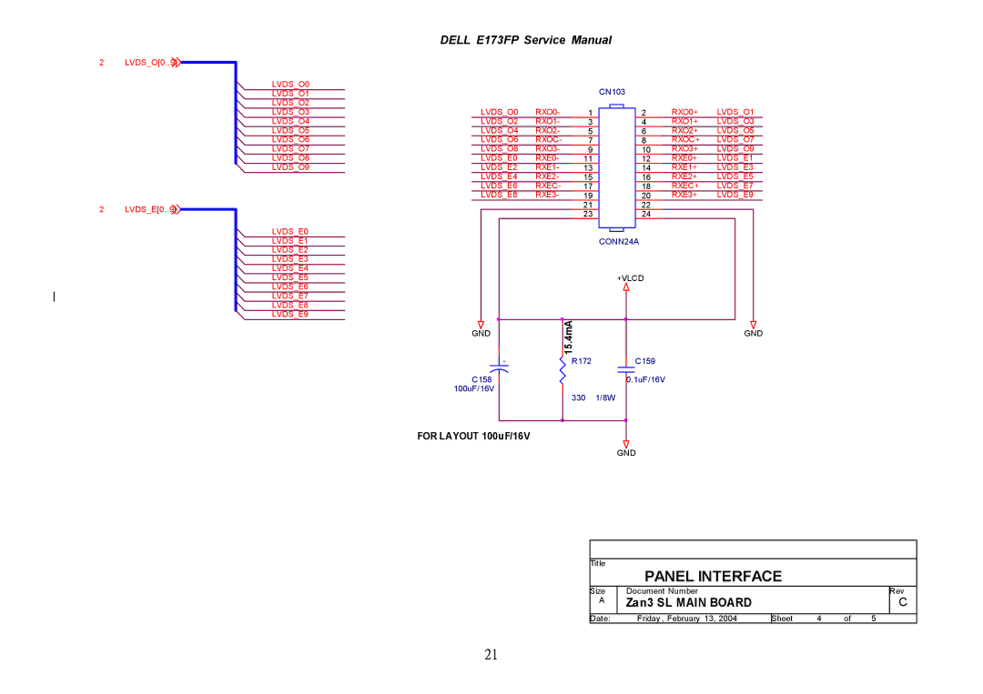 Dell E173FP service manual Panel Interface 