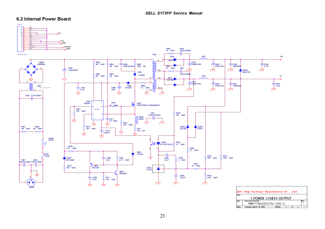 Dell E173FP service manual Internal Power Board 