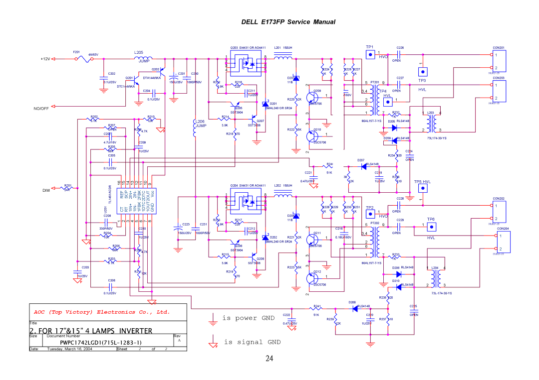 Dell E173FP service manual For 17&15 4 Lamps Inverter 