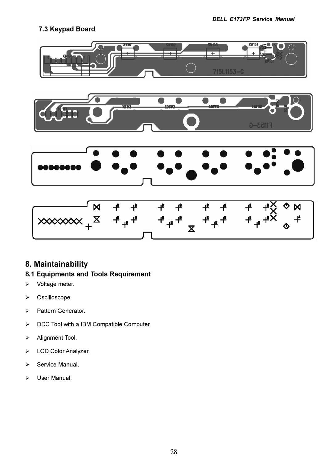 Dell E173FP service manual Keypad Board, Equipments and Tools Requirement 