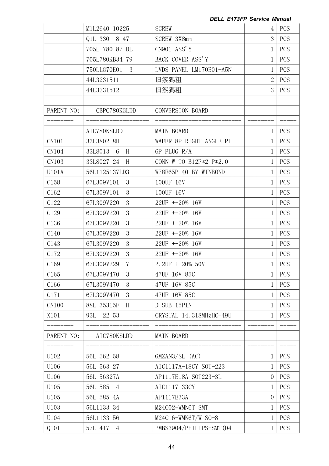 Dell E173FP service manual CN901 Assy PCS 