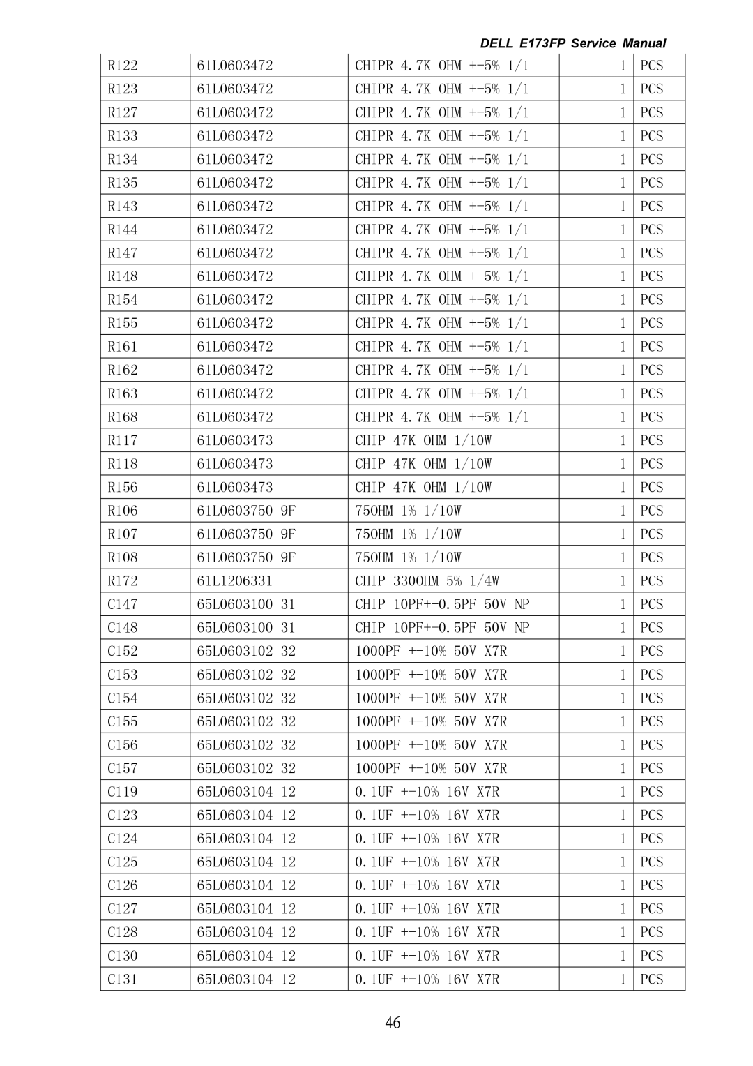 Dell E173FP service manual R122 61L0603472 Chipr 4.7K OHM +-5% 1/1 