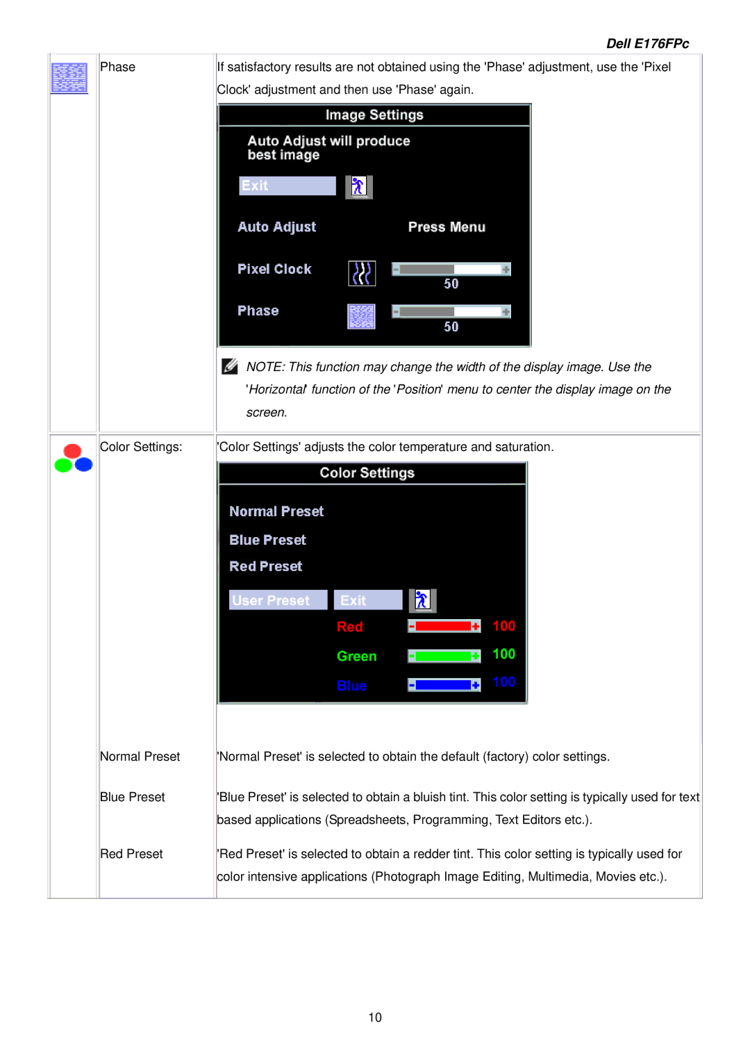 Dell E176FPB service manual Phase Color Settings Normal Preset Blue Preset Red Preset 