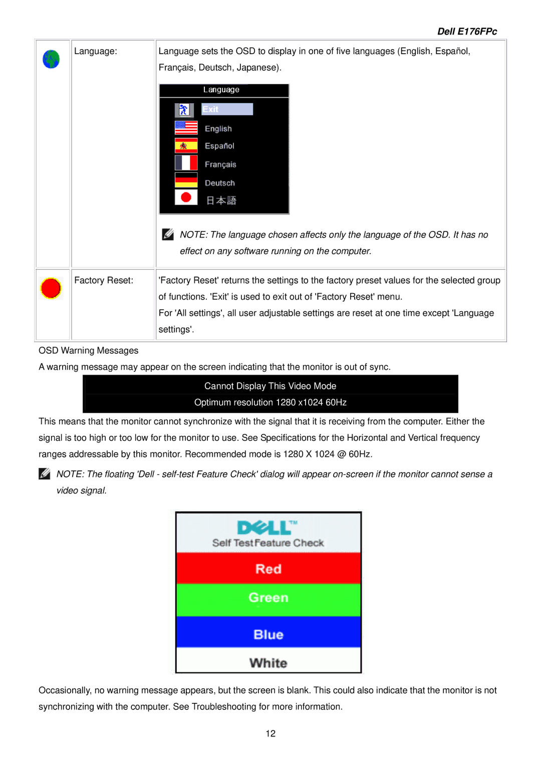 Dell E176FPB service manual Language Factory Reset 