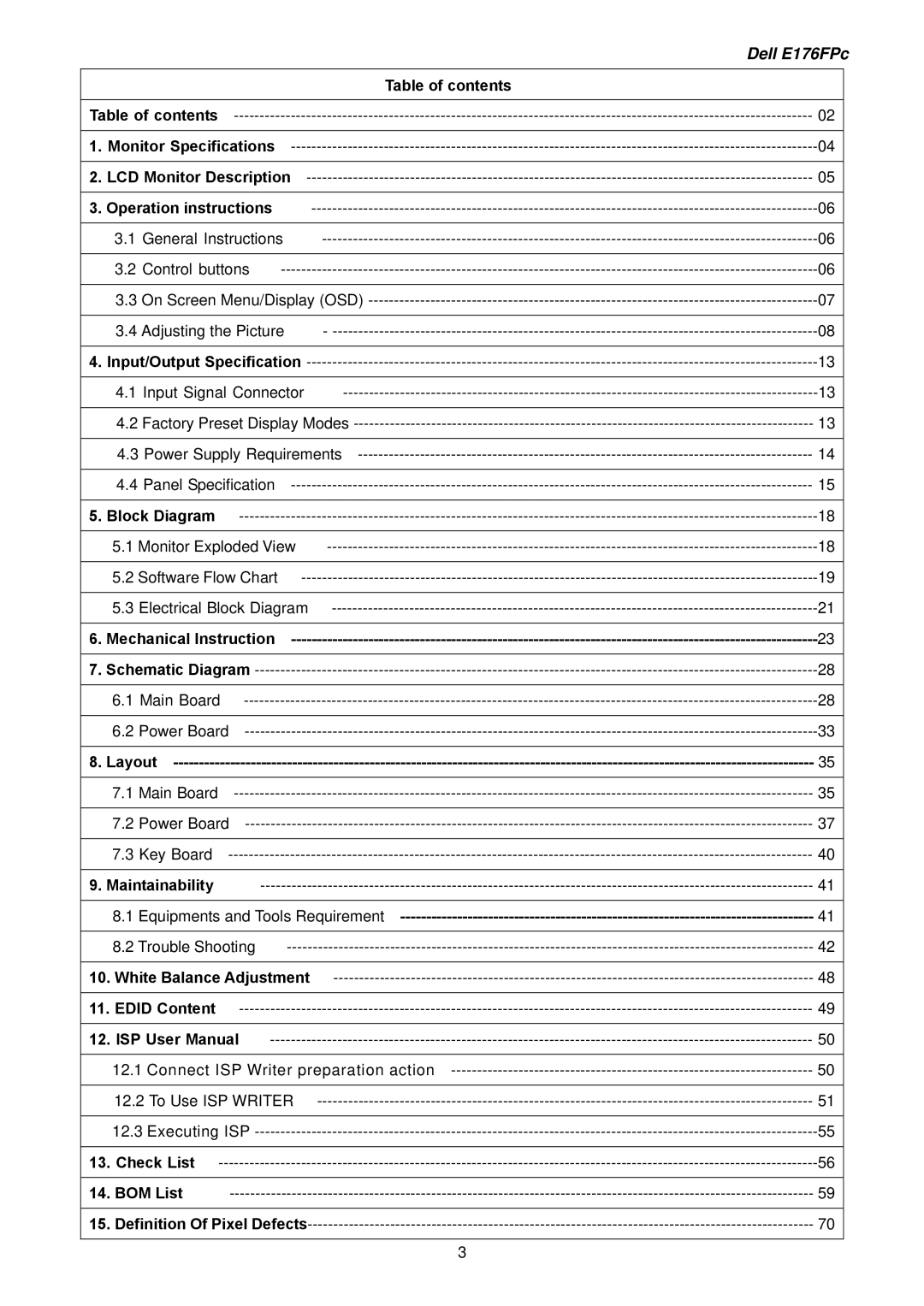 Dell E176FPB service manual Table of contents, Layout 