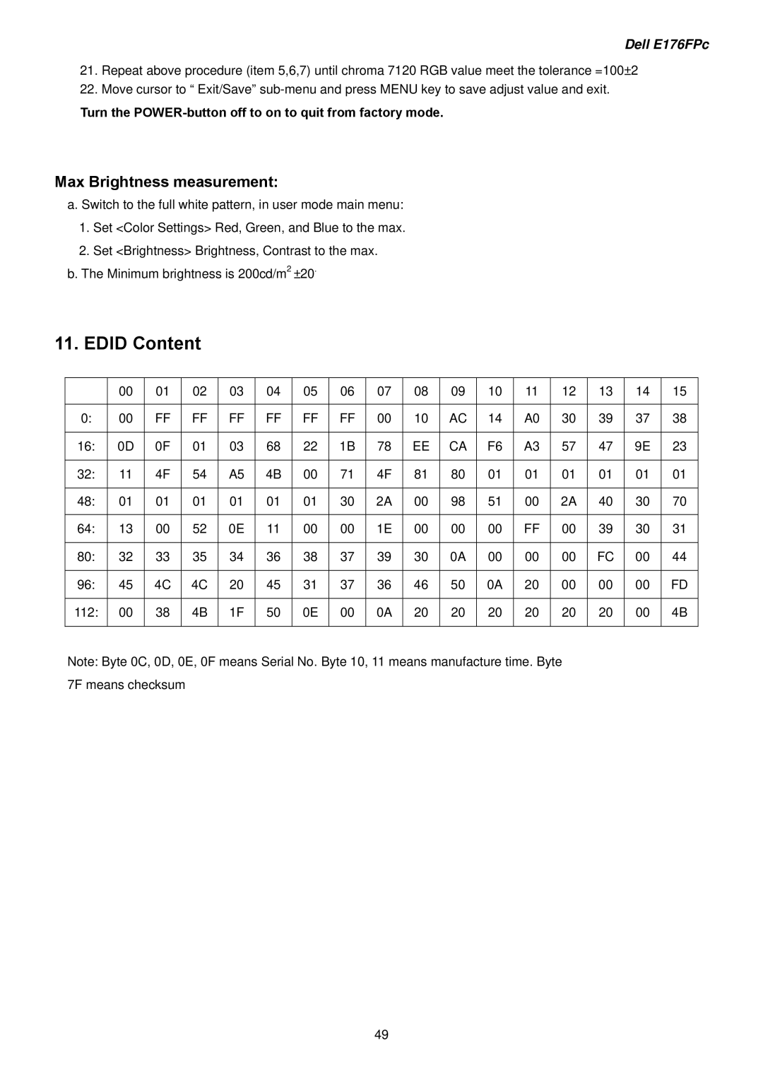 Dell E176FPB Edid Content, Max Brightness measurement, Turn the POWER-button off to on to quit from factory mode 