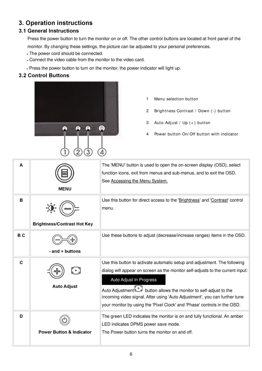 Dell E176FPB service manual Operation instructions, General Instructions, Control Buttons 