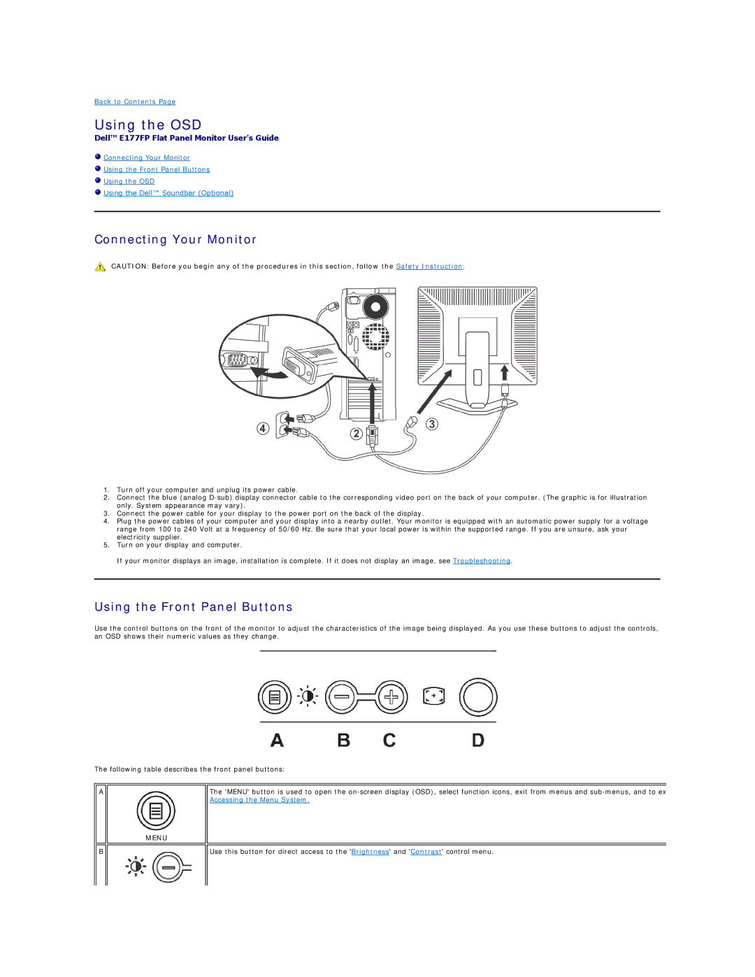 Dell E177FP appendix Using the OSD, Connecting Your Monitor, Using the Front Panel Buttons 