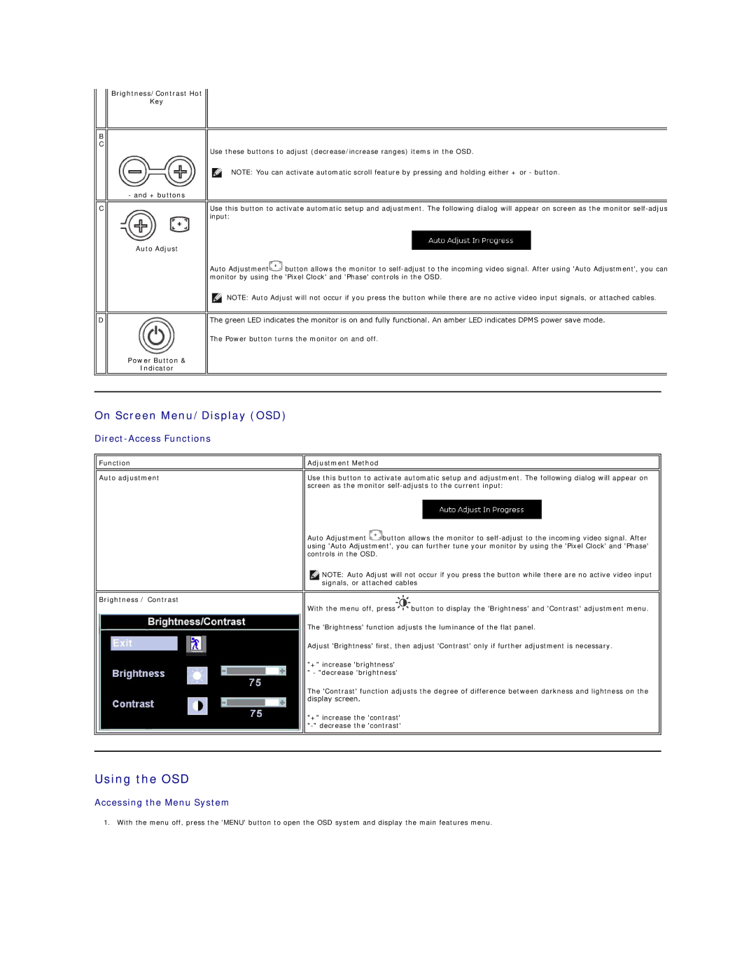 Dell E177FP appendix Using the OSD, On Screen Menu/Display OSD, Brightness/Contrast Hot Key + buttons 