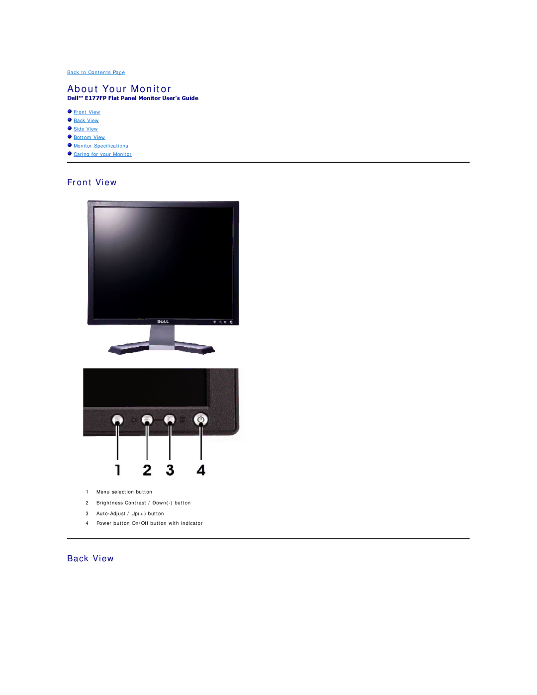 Dell E177FP appendix About Your Monitor, Front View, Back View 