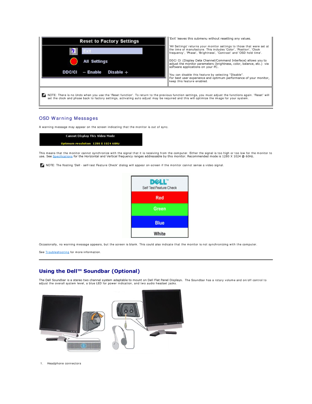 Dell E177FP appendix Using the Dell Soundbar Optional, OSD Warning Messages 