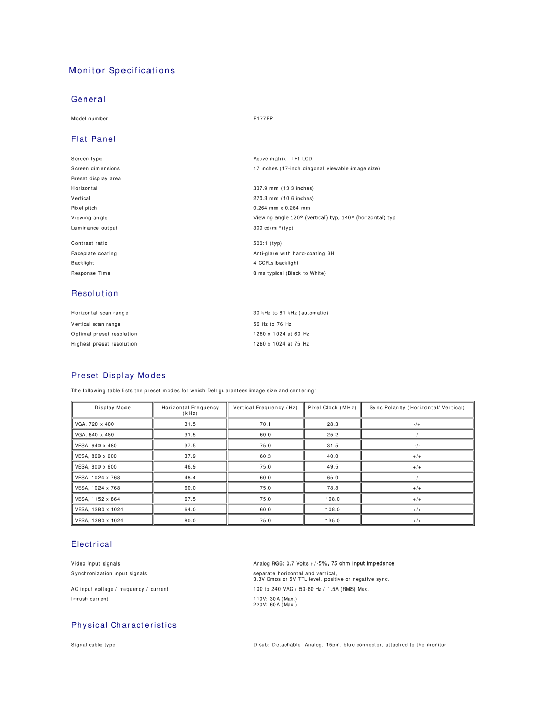 Dell E177FP appendix Monitor Specifications 