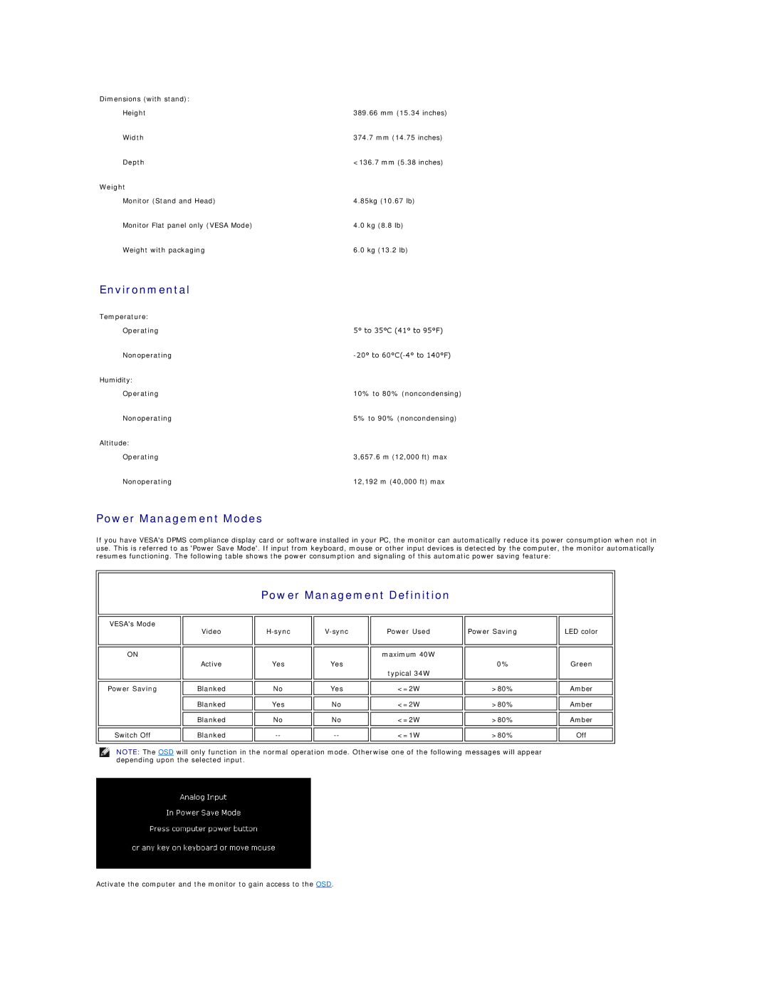 Dell E177FP appendix Environmental, Power Management Modes, Power Management Definition 