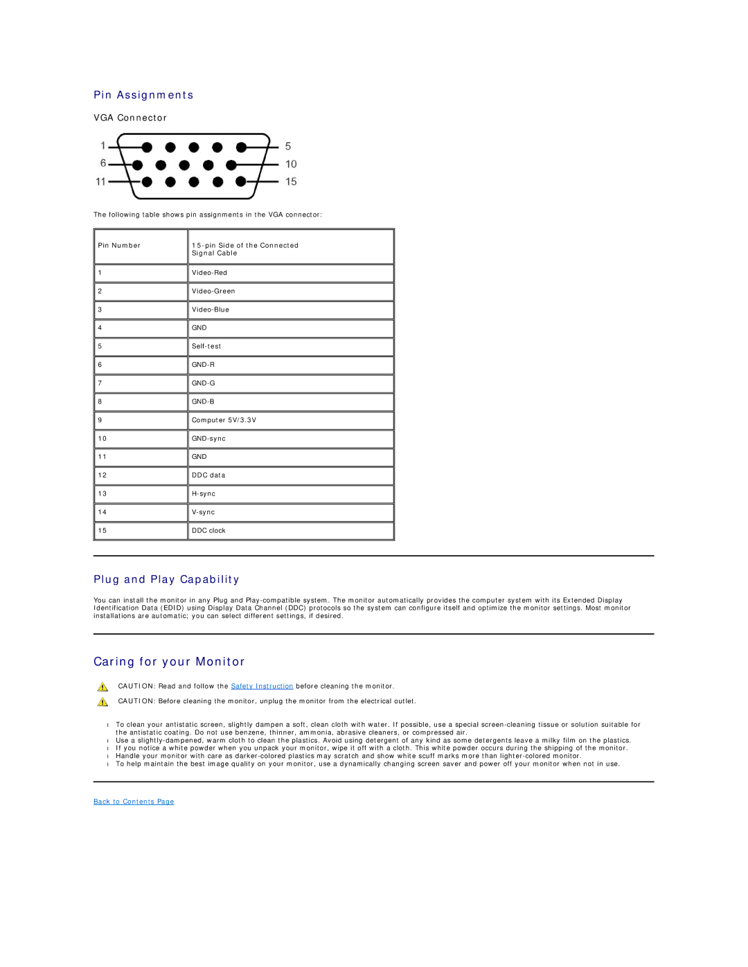 Dell E177FP appendix Caring for your Monitor, Pin Assignments, Plug and Play Capability 